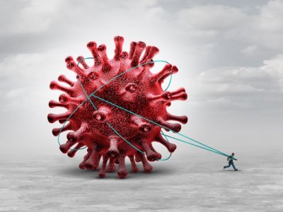 A graphic illustrating a red virus being dragged behind a model of a human being against a grey background. 